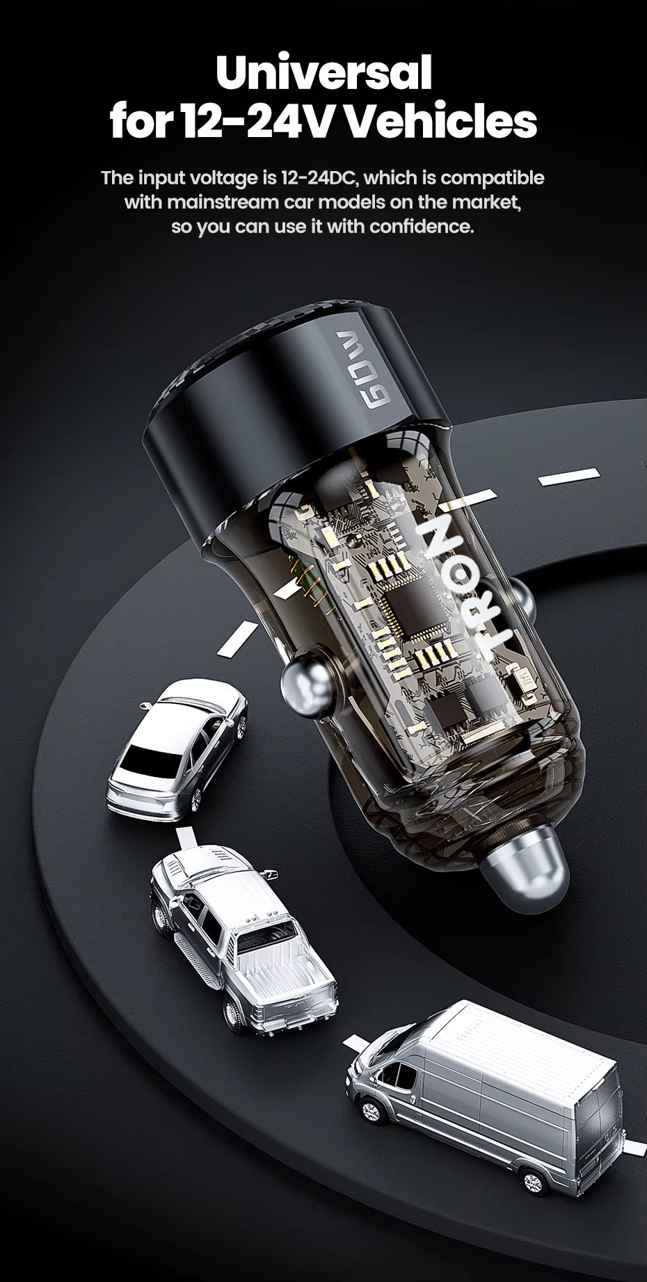 TRON 60W Dual-Port Car Charger — USB-C PD + USB-A QC, Fast Charging (view 6)