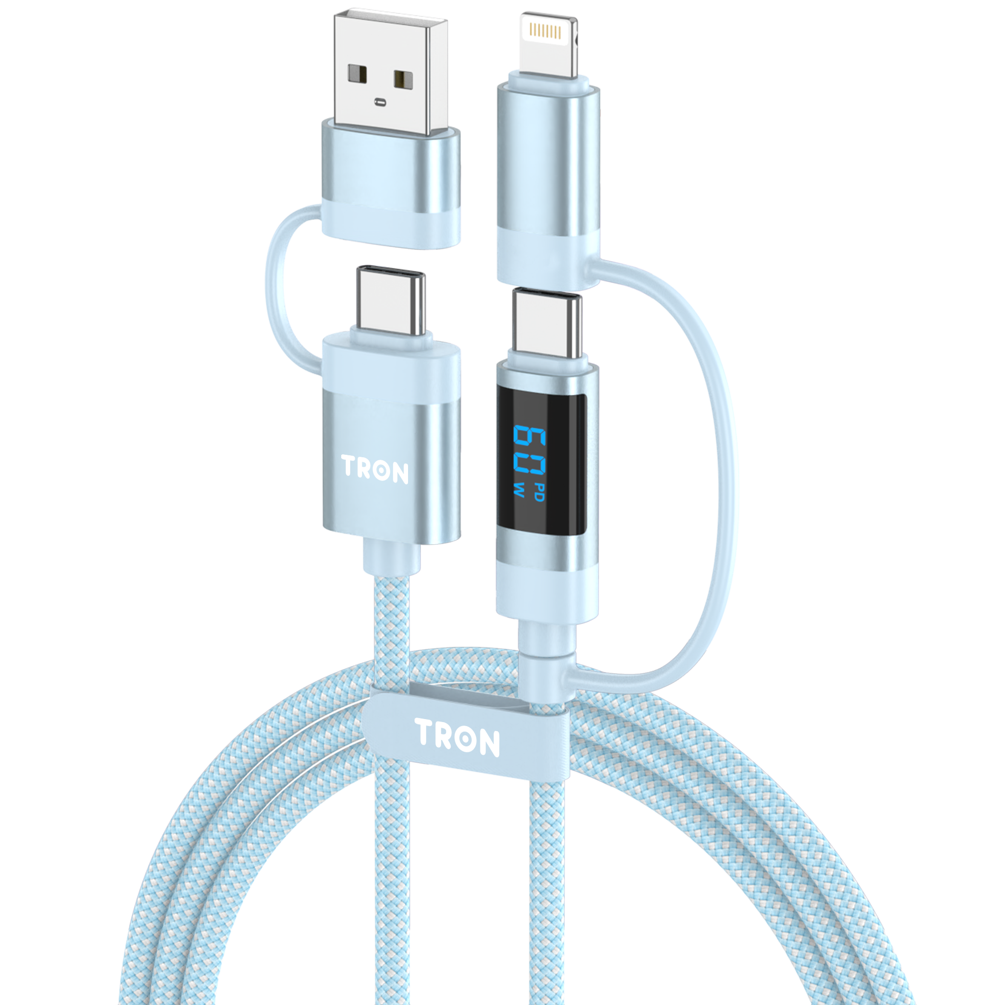 60W 4-in-1 Braided Charging Cable | LCD Display | 5FT | Blue