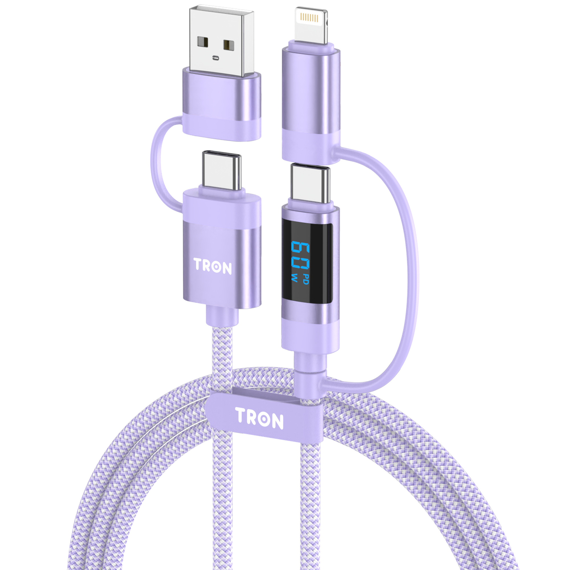 60W 4-in-1 Braided Charging Cable | LCD Display | 5FT | Purple