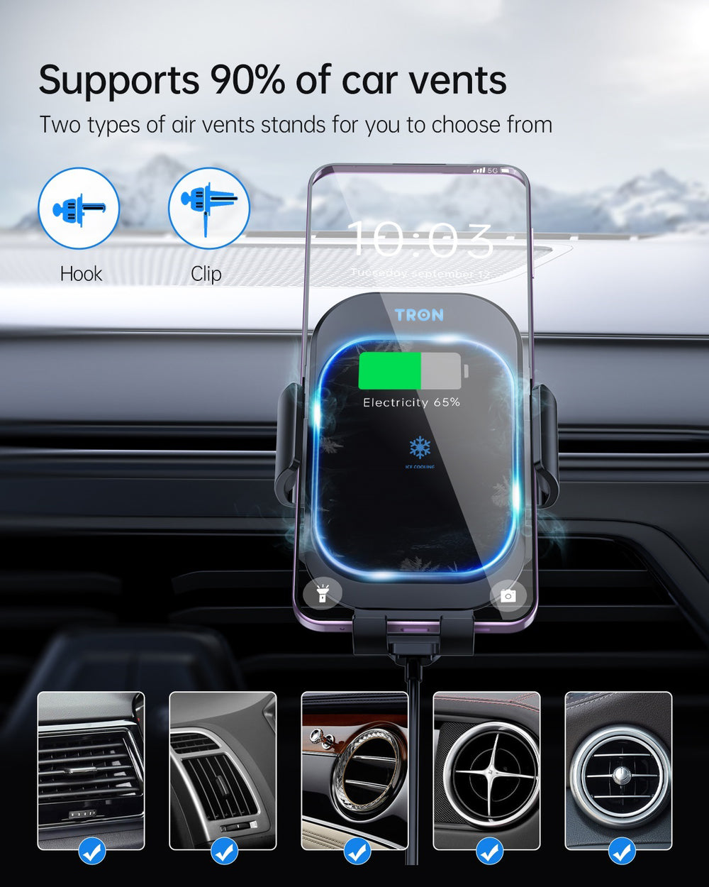 TRON 15W Auto-Clamp Wireless Car Charger — Air Vent + Dashboard Mount (view 2)