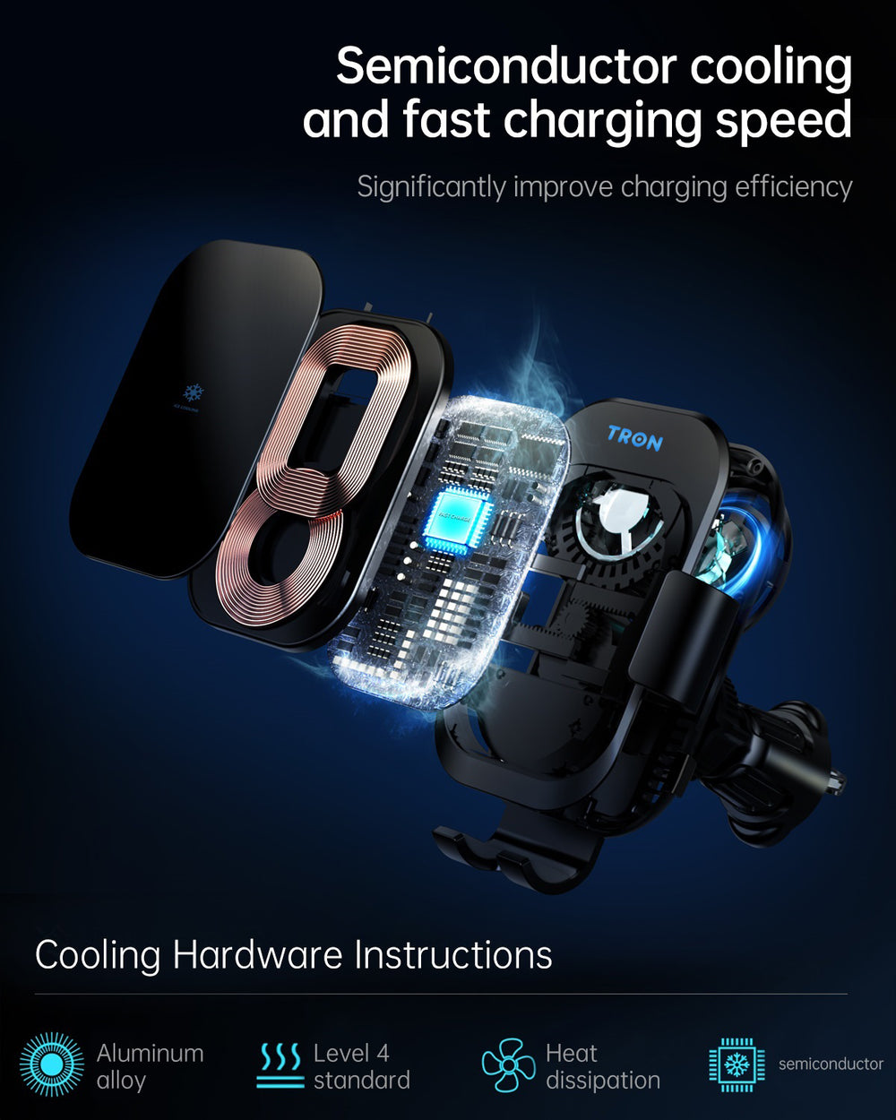 TRON 15W Auto-Clamp Wireless Car Charger — Air Vent + Dashboard Mount (view 3)