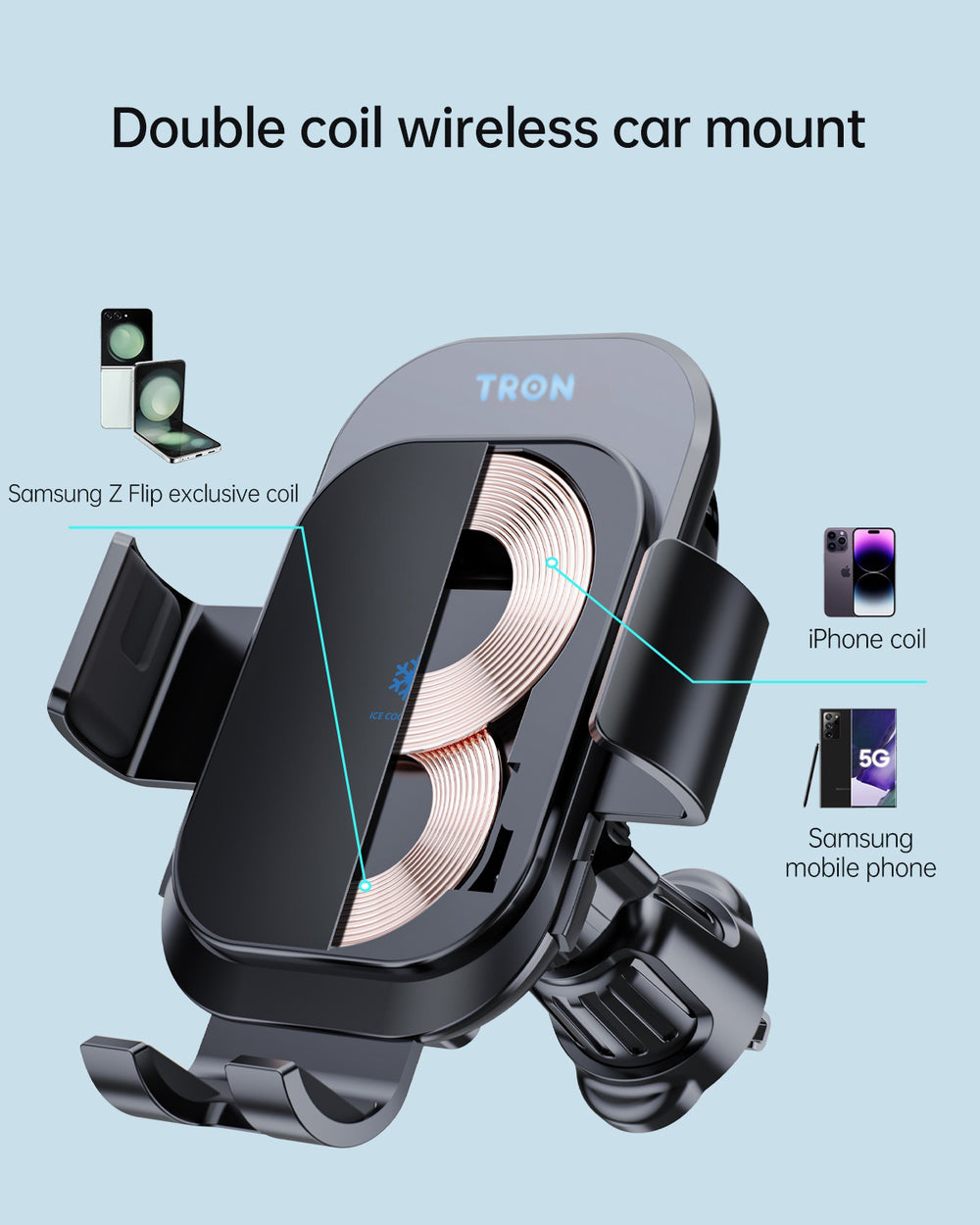 TRON 15W Auto-Clamp Wireless Car Charger — Air Vent + Dashboard Mount (view 4)