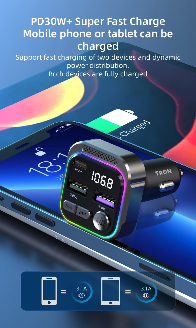 TRON 30W Car Bluetooth FM Transmitter & Power Adapter — LCD Display (view 4)