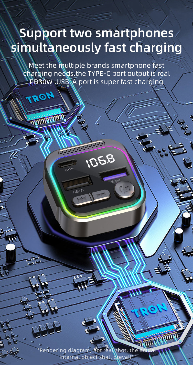 TRON 30W Car Bluetooth FM Transmitter & Power Adapter — LCD Display (view 2)