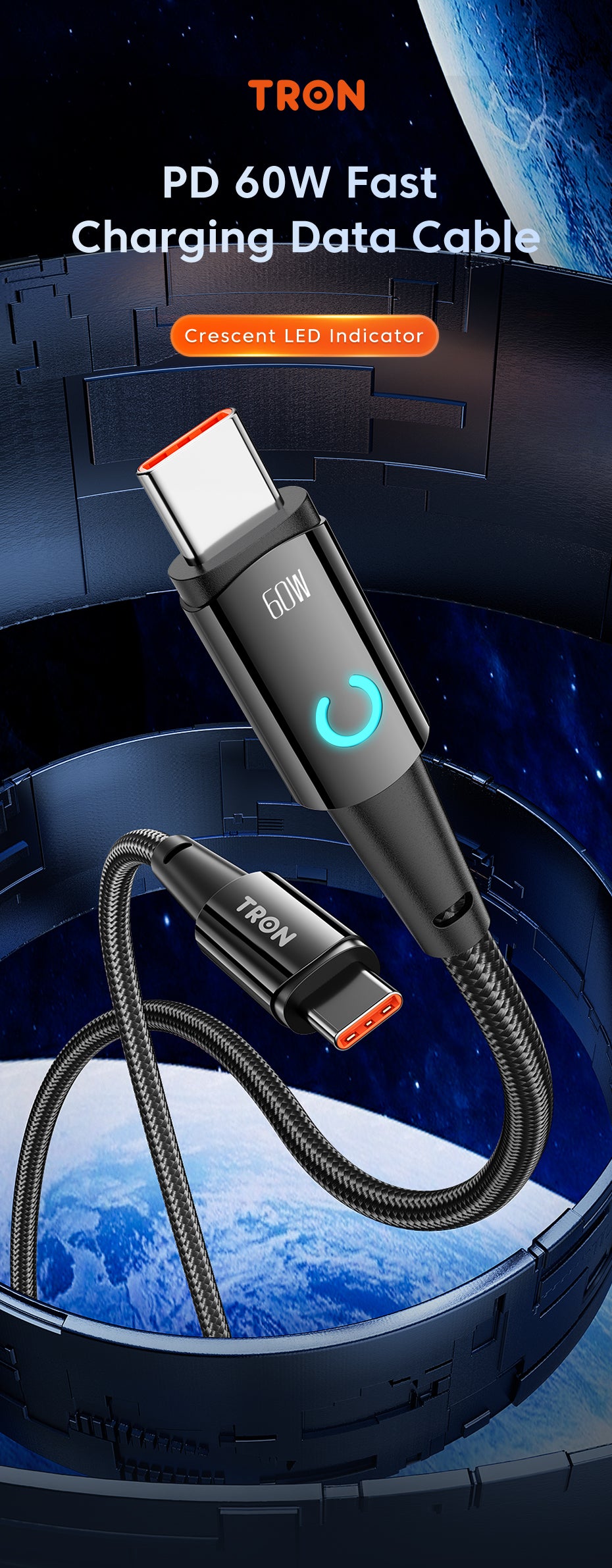 TRON 60W USB-C to USB-C Braided Cable — PD Fast Charging, Black (view 4)