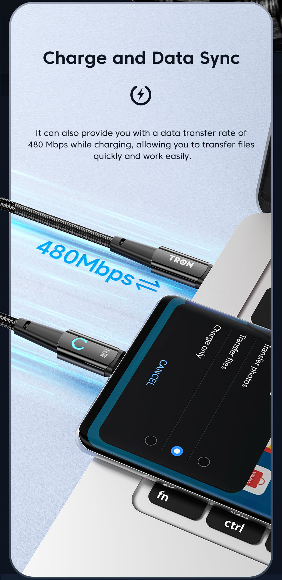 TRON 60W USB-C to USB-C Braided Cable — PD Fast Charging, Black (view 6)
