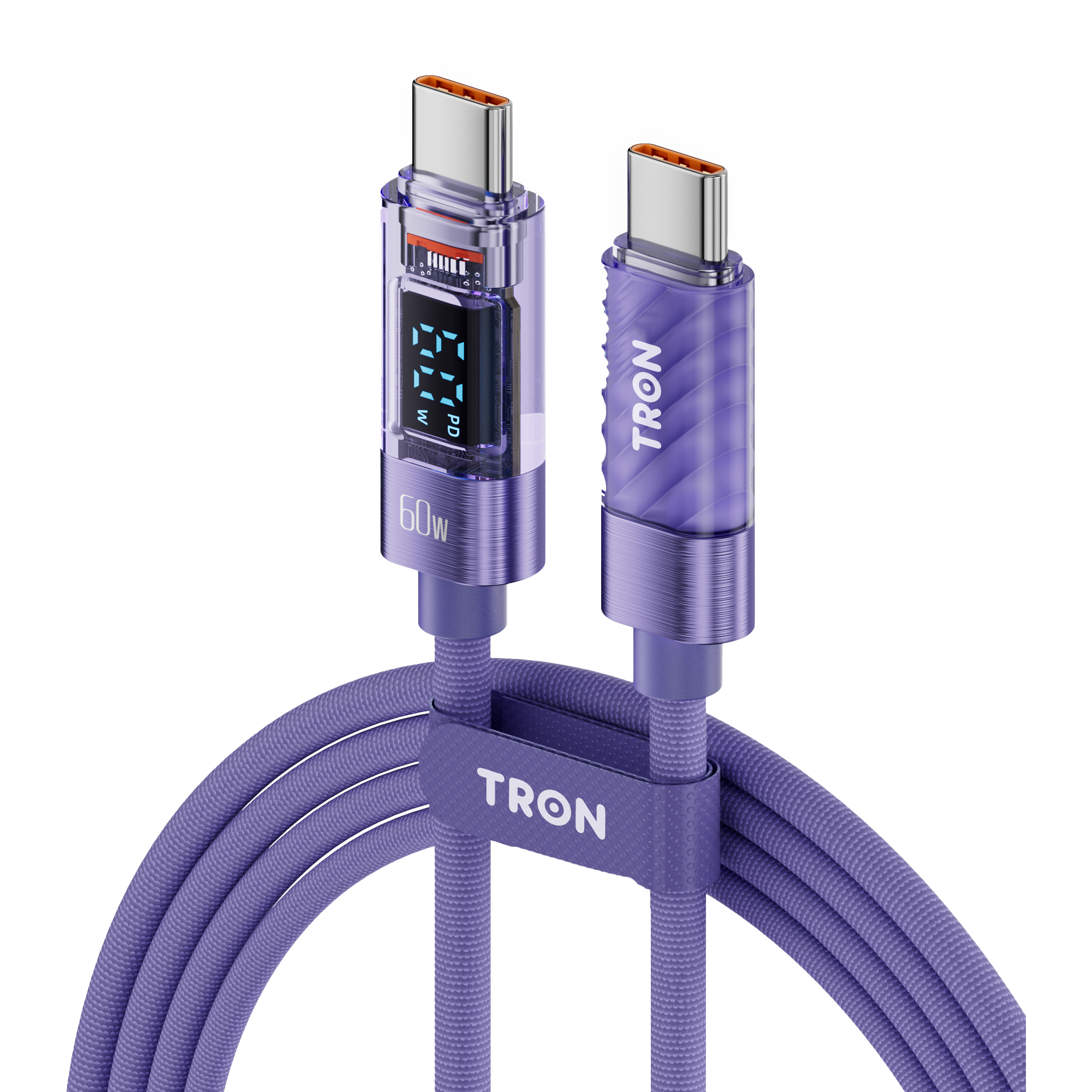 60W Transparent USB-C to USB-C Charging Cable with Digital Display | 5FT