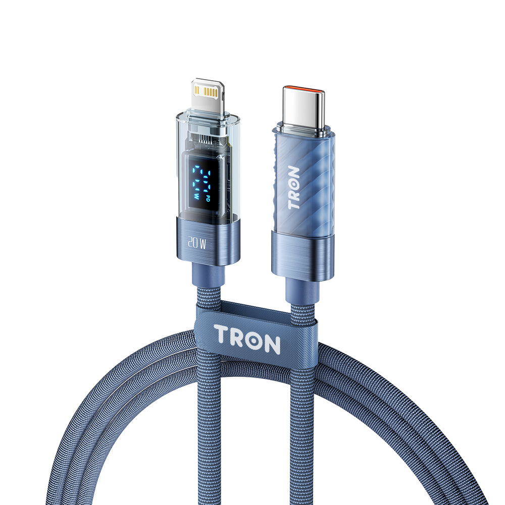 TRON 20W USB-C to Lightning Transparent Cable — Digital Display, Blue