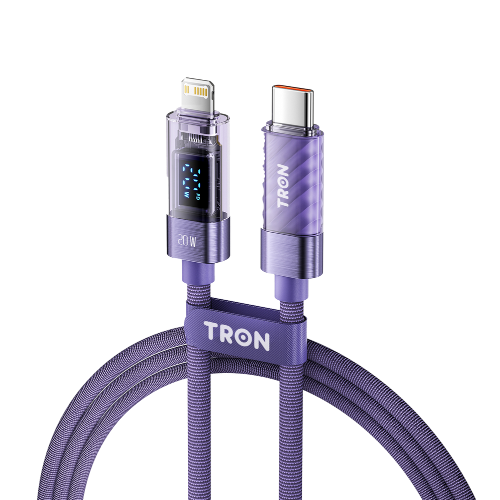 TRON 20W USB-C to Lightning Transparent Cable — Digital Display, Purple