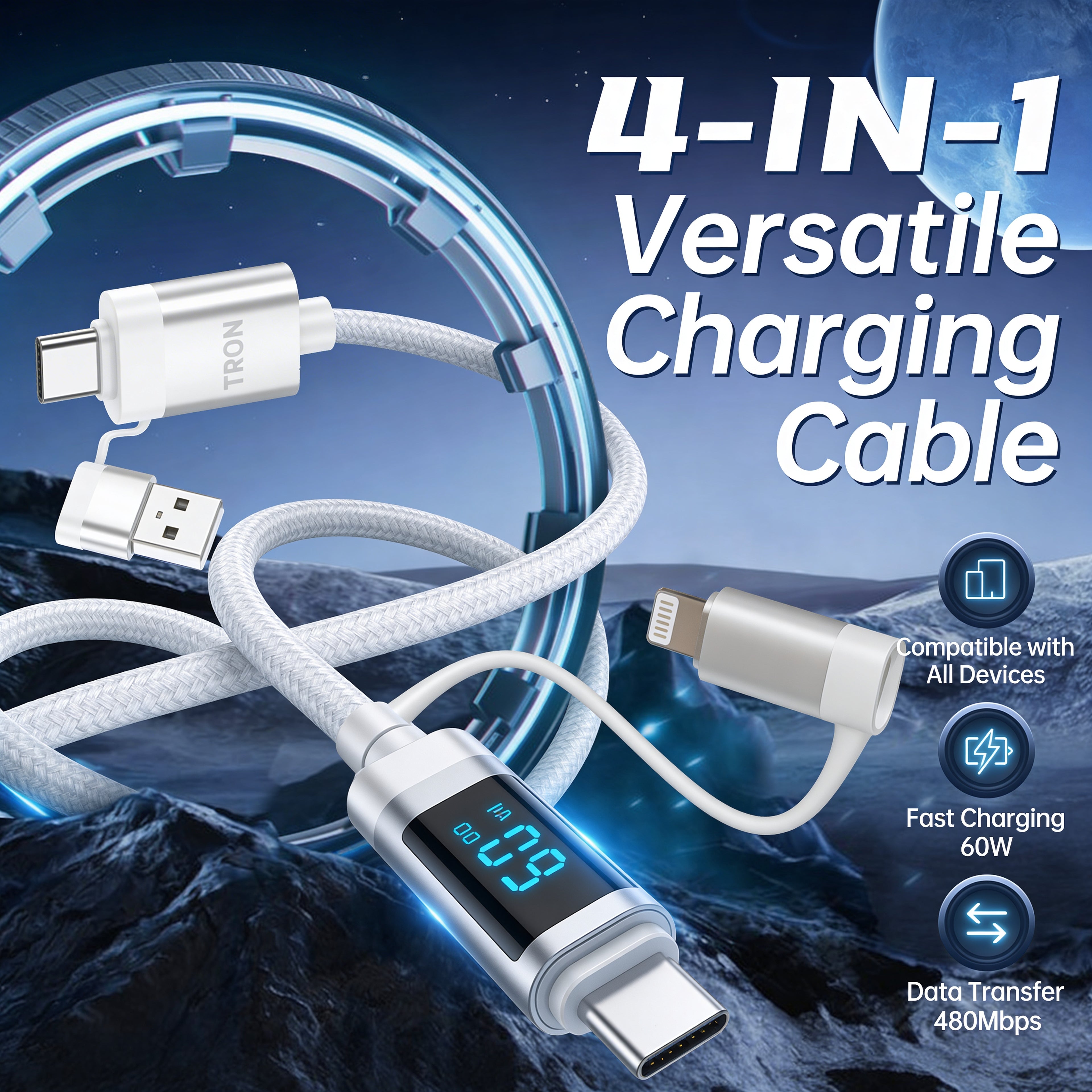 60W 4-in-1 Braided Charging Cable | LCD Display | 5FT | Black