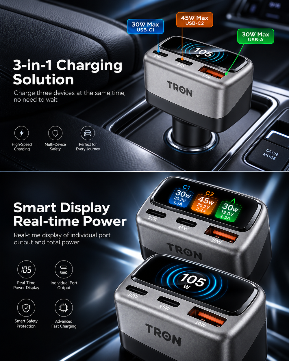 Three-in-one charging with a real-time power display