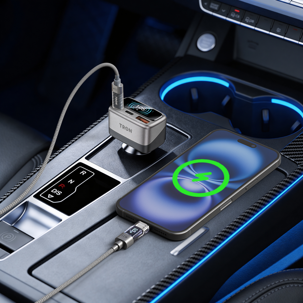 Car charger in a centre console with wireless pad