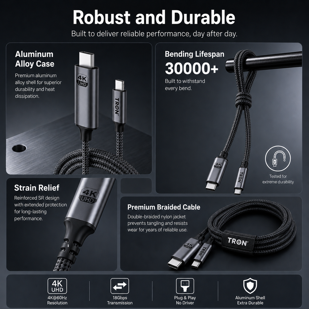 Aluminium alloy case, 30,000 bend lifespan and reinforced strain relief