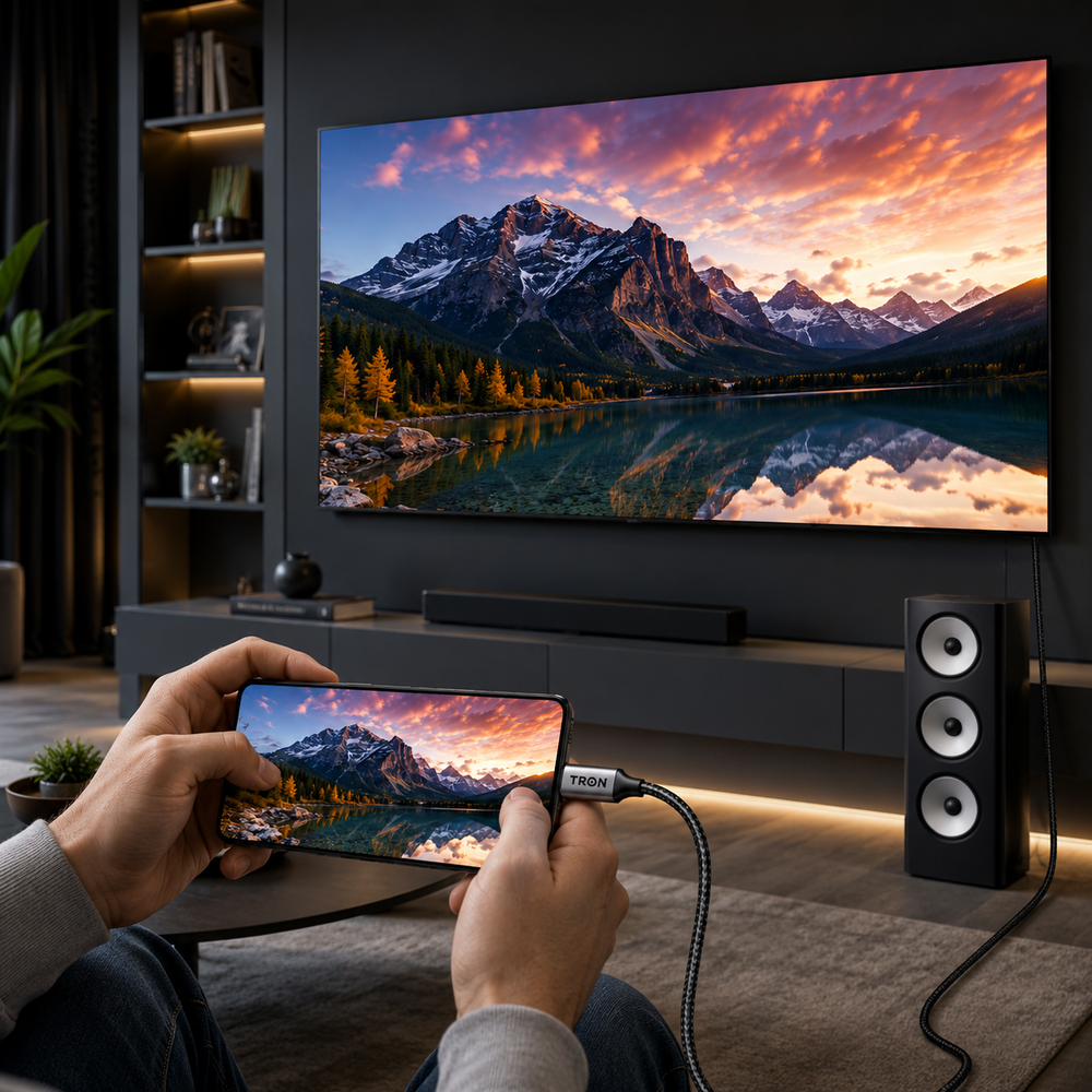 Phone mirrored to a large TV for film and photos