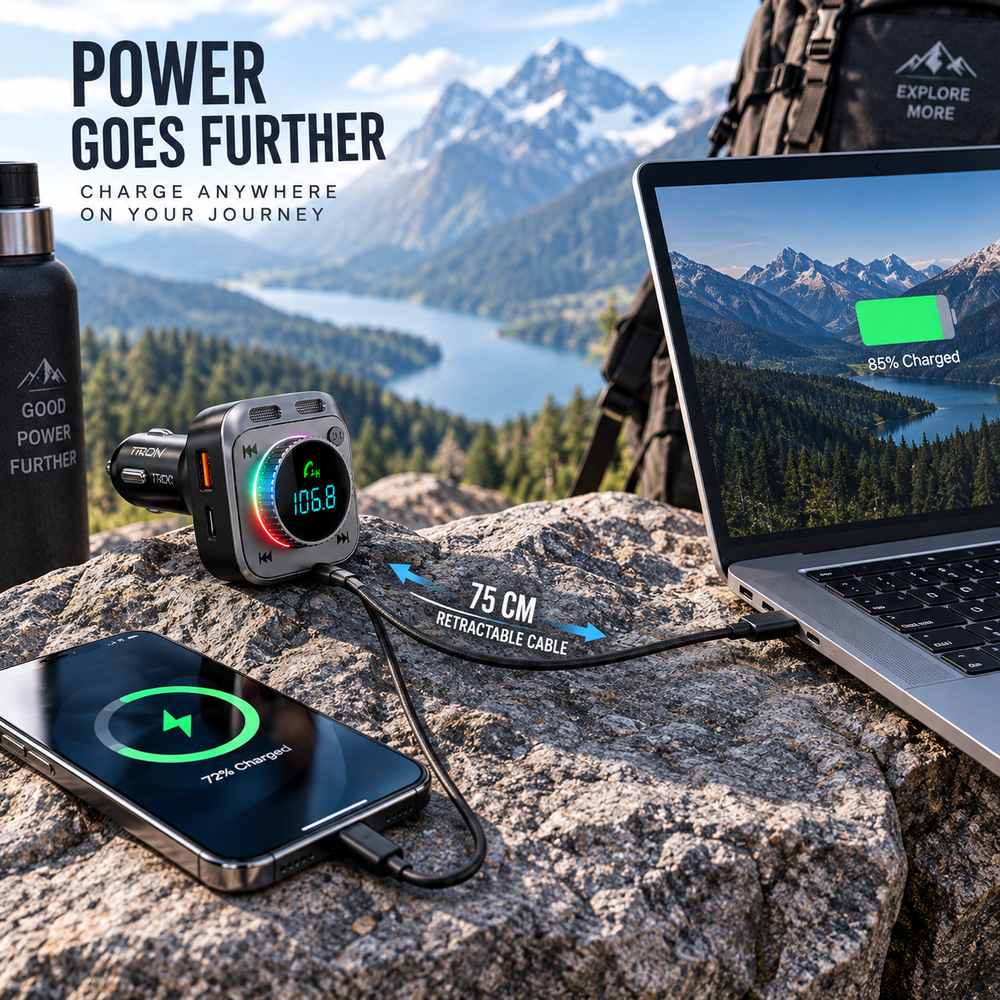 Charging a phone and laptop from the car on a road trip