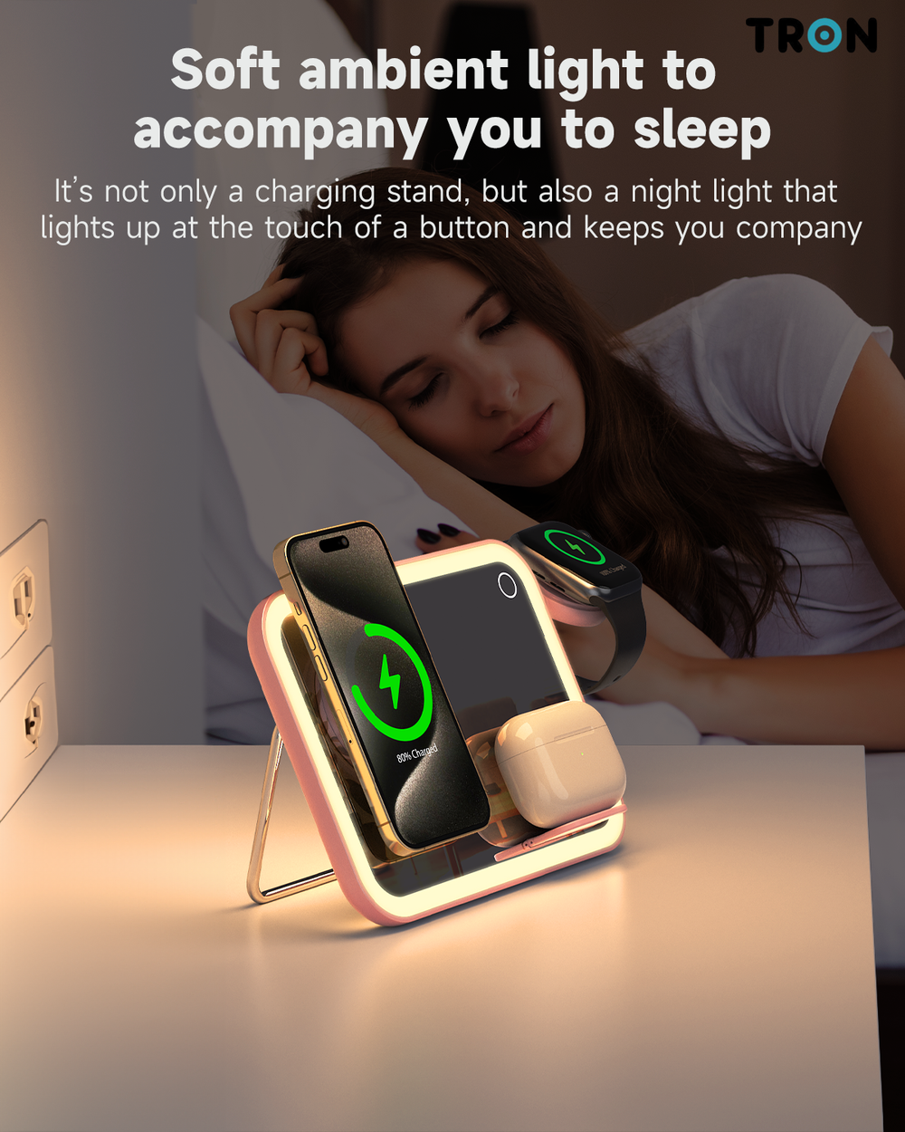 TRON 3-in-1 Wireless Charger with Mirror — Phone, Earbuds & Smartwatch, Pink (view 2)
