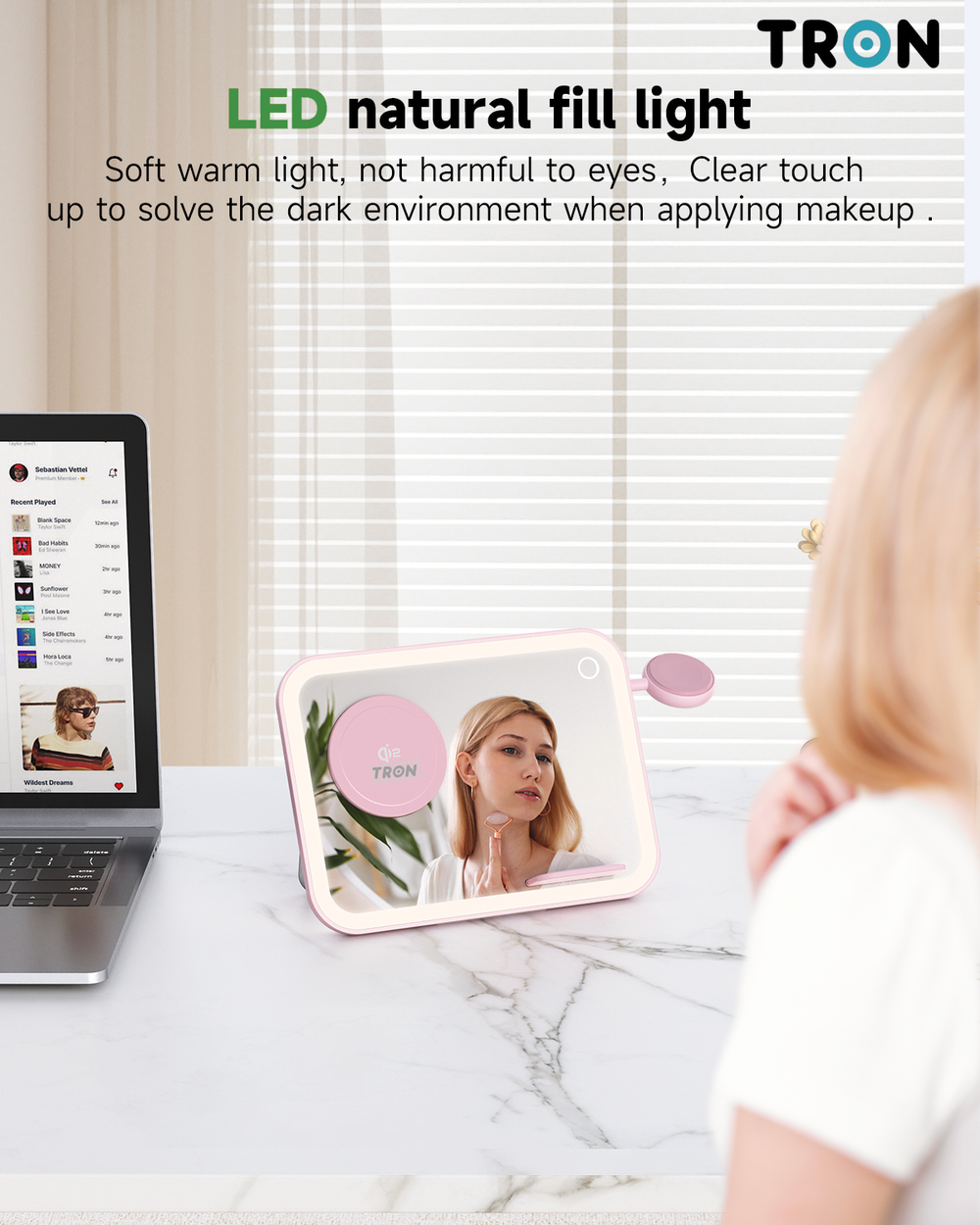 TRON 3-in-1 Wireless Charger with Mirror — Phone, Earbuds & Smartwatch, Pink (view 3)