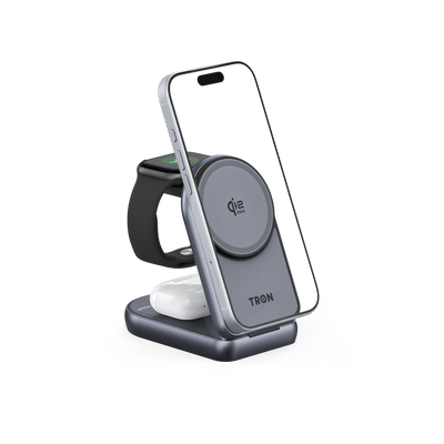 TRON Qi2 25W 3-in-1 foldable charging station holding a phone, smart watch and earbuds