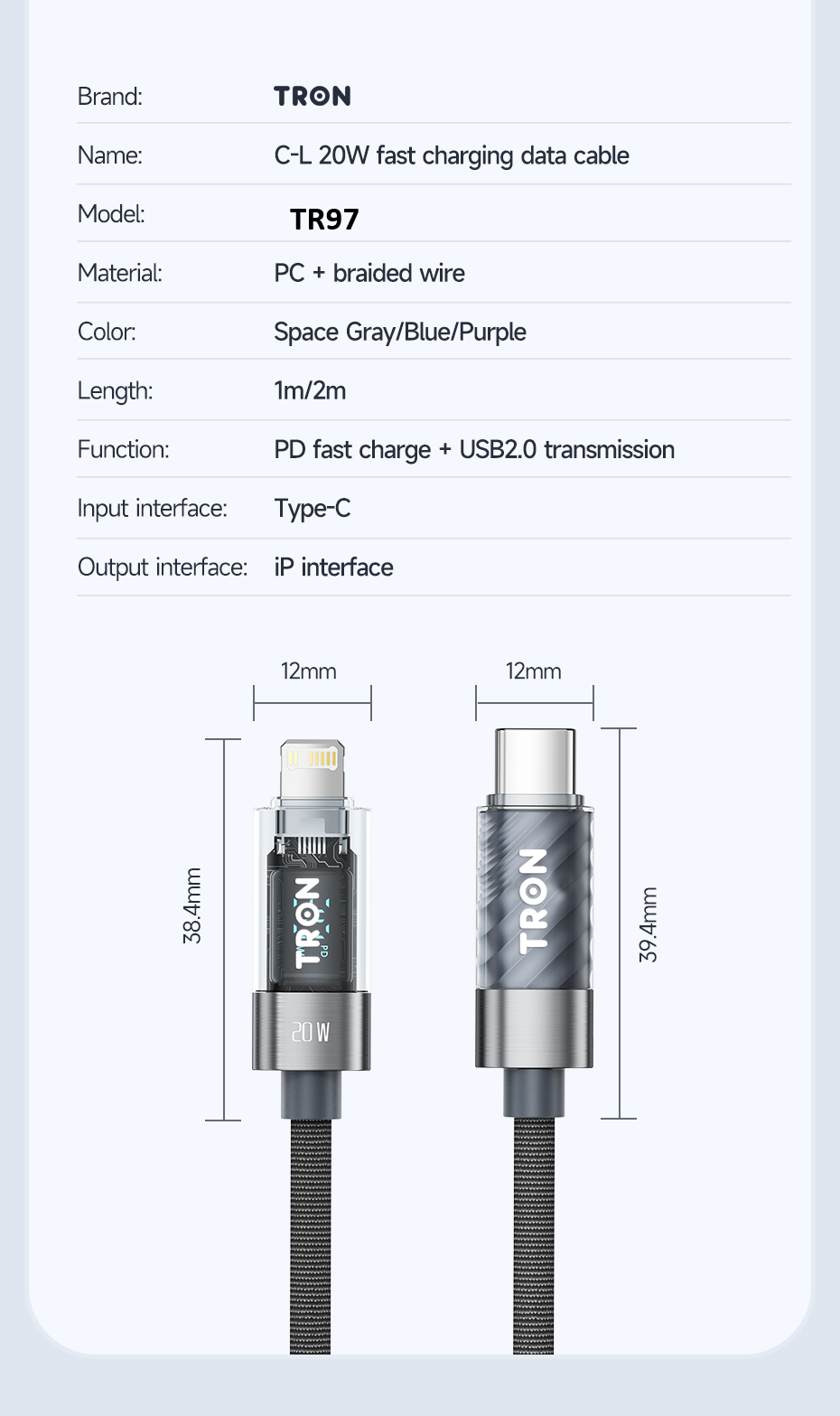TR97 specification card with dimensions