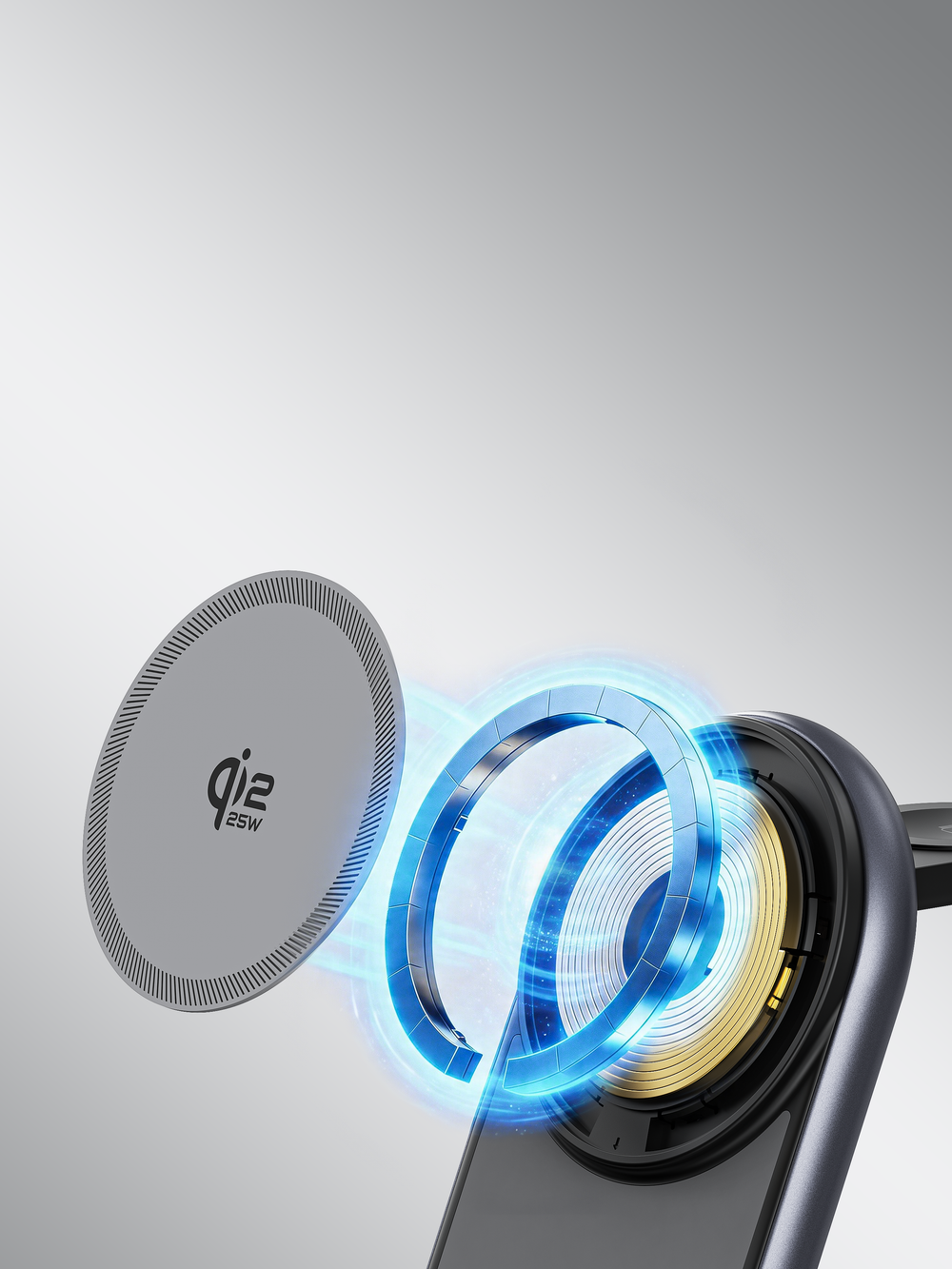 Close-up of the Qi2 magnetic ring aligning a phone with the 25W charging coil