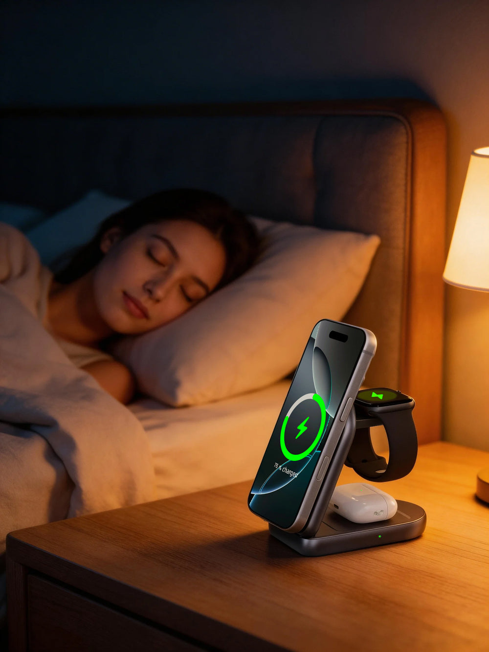 TRON Qi2 charging station on a bedside table charging a phone, watch and earbuds overnight
